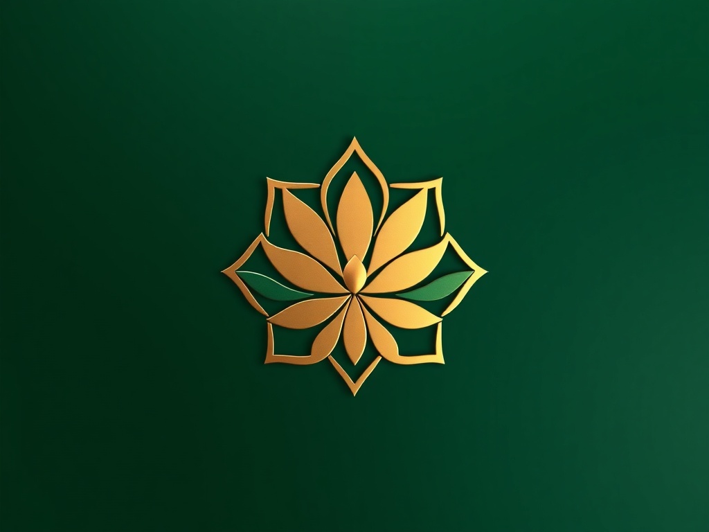 A minimalist golden lotus symbol centered on a dark green background, elegant and reflective, photorealistic metallic texture, 8k